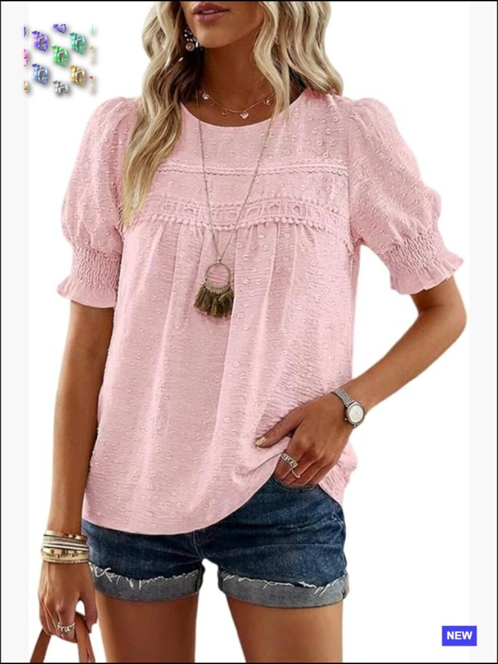 Summer Blouse Crewneck Ruffle Sleeve Dressy Casual Flowy Lace Hem Boho Top